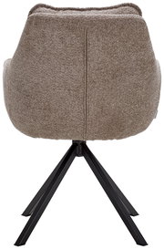 Rückansicht eines Armlehnstuhls mit braunem Stoffbezug und schwarzem Metallgestell.