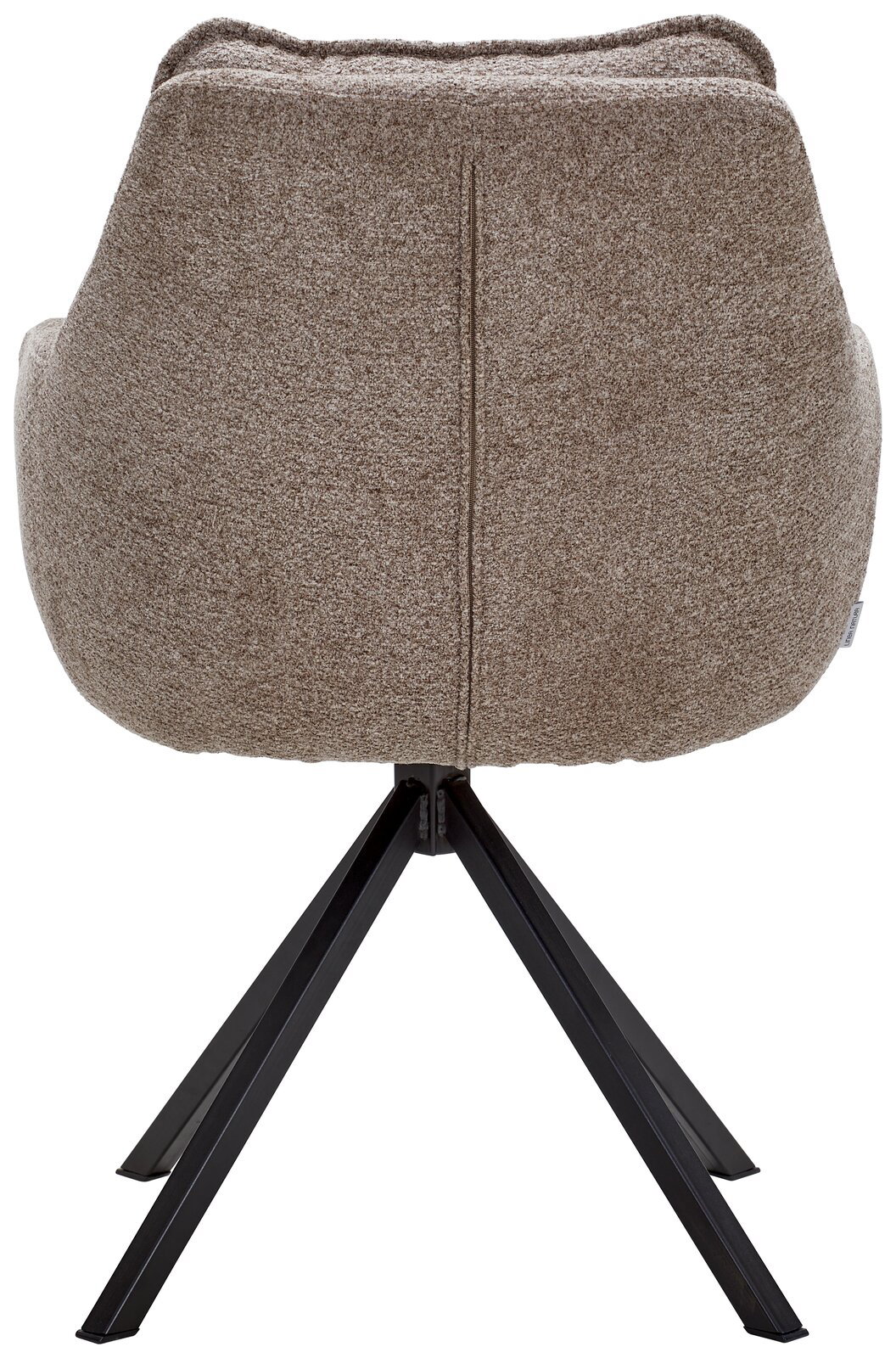 Rückansicht eines Armlehnstuhls mit braunem Stoffbezug und schwarzem Metallgestell.