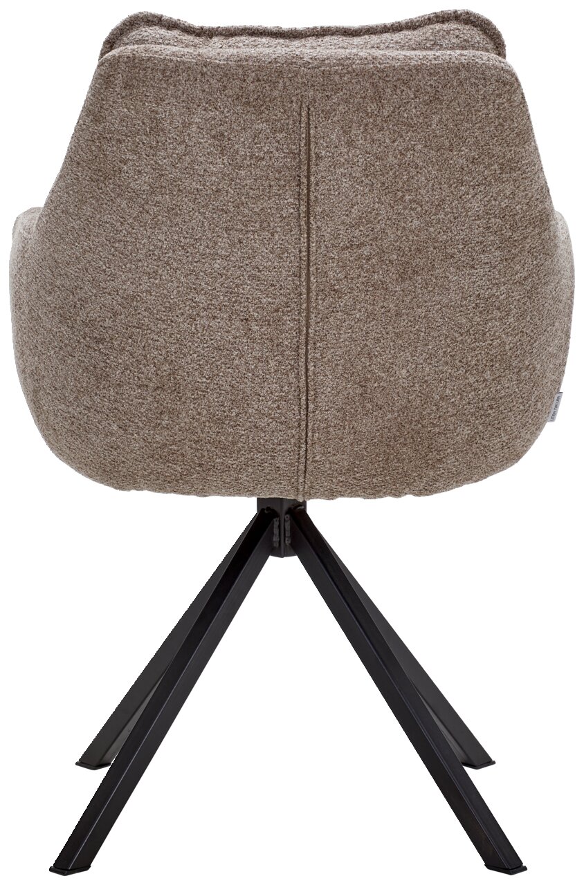 Rückansicht eines Armlehnstuhls mit braunem Stoffbezug und schwarzem Metallgestell.