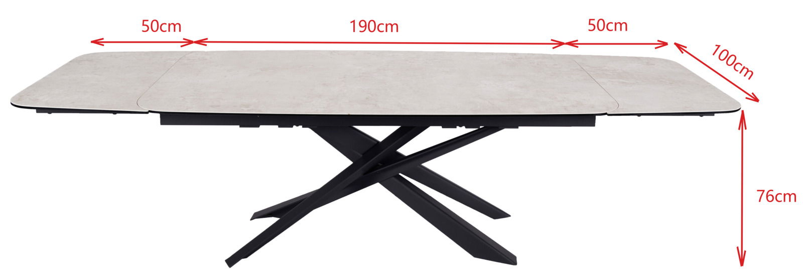 Moderner Esstisch mit ausziehbarer Tischplatte in Steinoptik, seitliche Perspektive, schwarze gekreuzte Tischbeine.