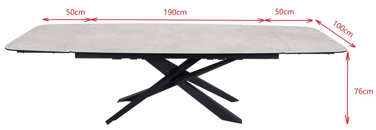 Moderne eettafel met uitschuifbaar tafelblad in steenlook, zijaanzicht, zwarte gekruiste tafelpoten.