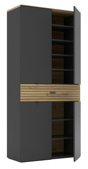 Moderner XL-Schuhschrank in dunklem Grau mit Holzelementen, offene Türen, seitliche Perspektive