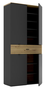 Moderner XL-Schuhschrank in dunklem Grau mit Holzelementen, offene Türen, seitliche Perspektive