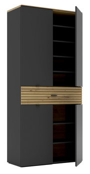 Moderner XL-Schuhschrank in dunklem Grau mit Holzelementen, offene Türen, seitliche Perspektive