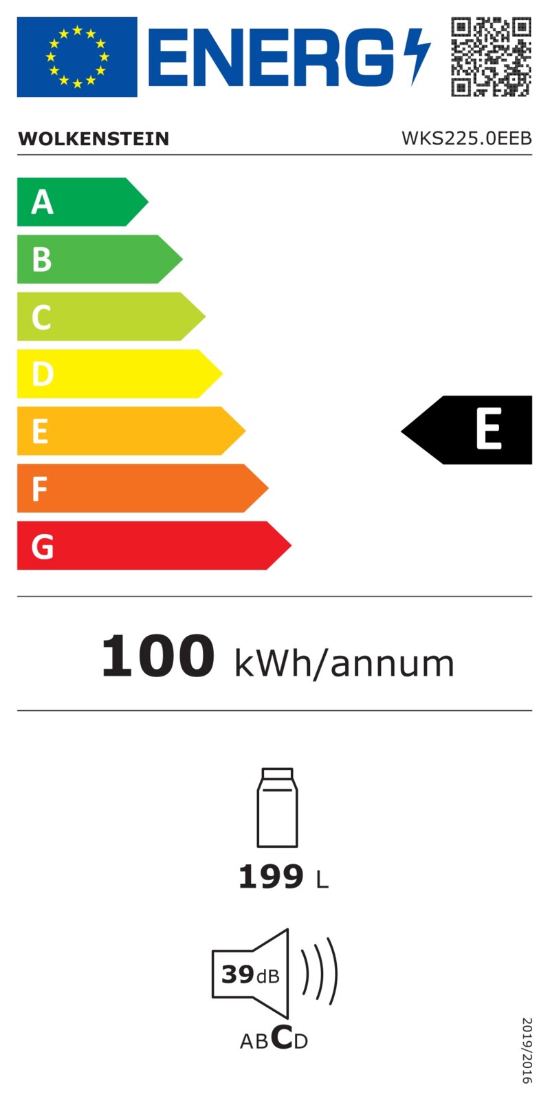 EU-Energielabel für Wolkenstein WKS225.0EEB mit Effizienzklasse E, Jahresverbrauch 100 kWh, Nutzinhalt 199 L und Geräusch 39 dB (Klasse C), frontale Ansicht.