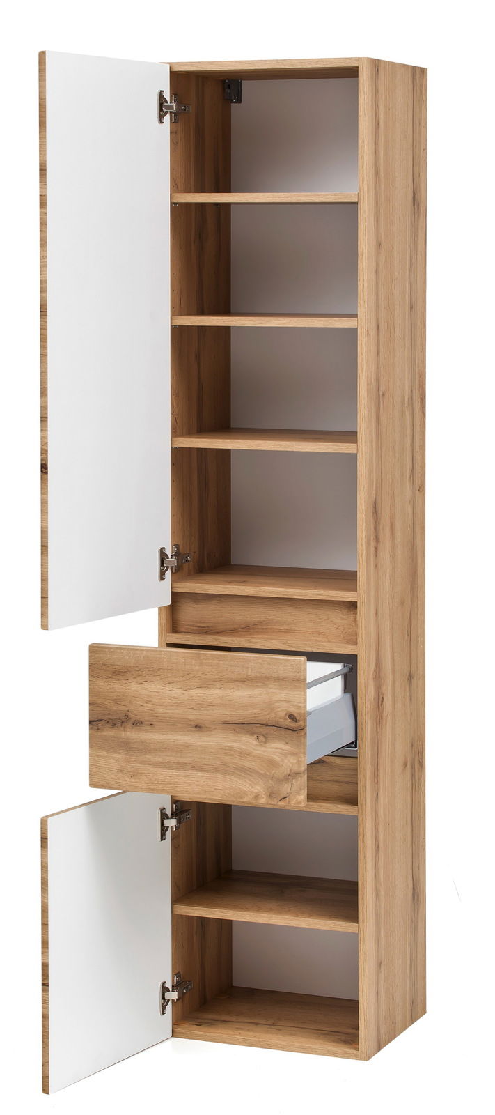 Hochschrank aus Holz mit zwei weißen Türen, einem Schubfach und mehreren Regalböden, frontal geöffnet.