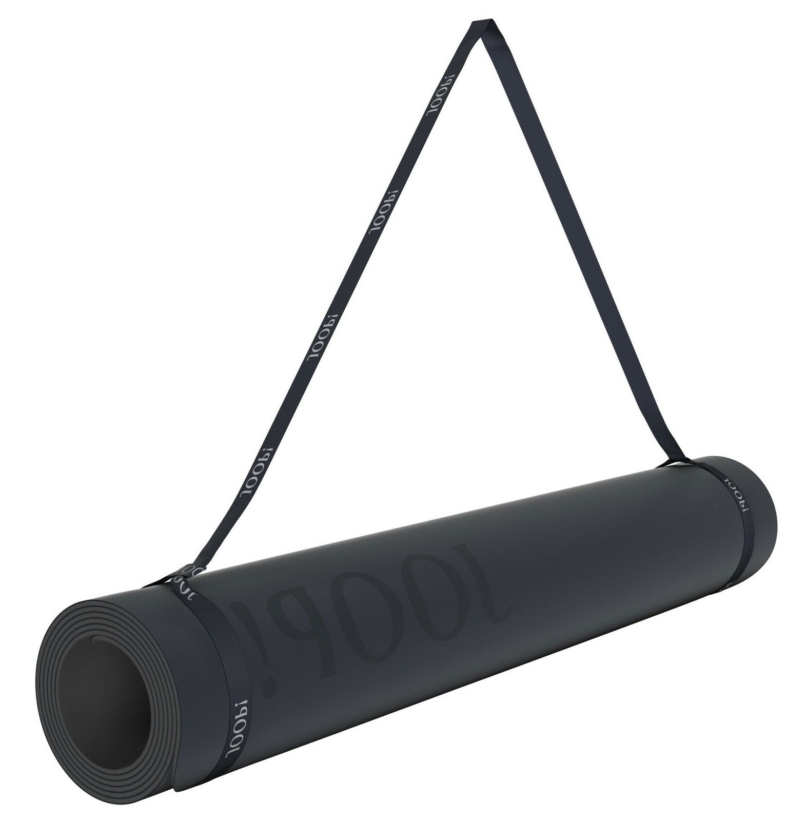 Schwarze Yogamatte mit Tragegurt, seitliche Perspektive