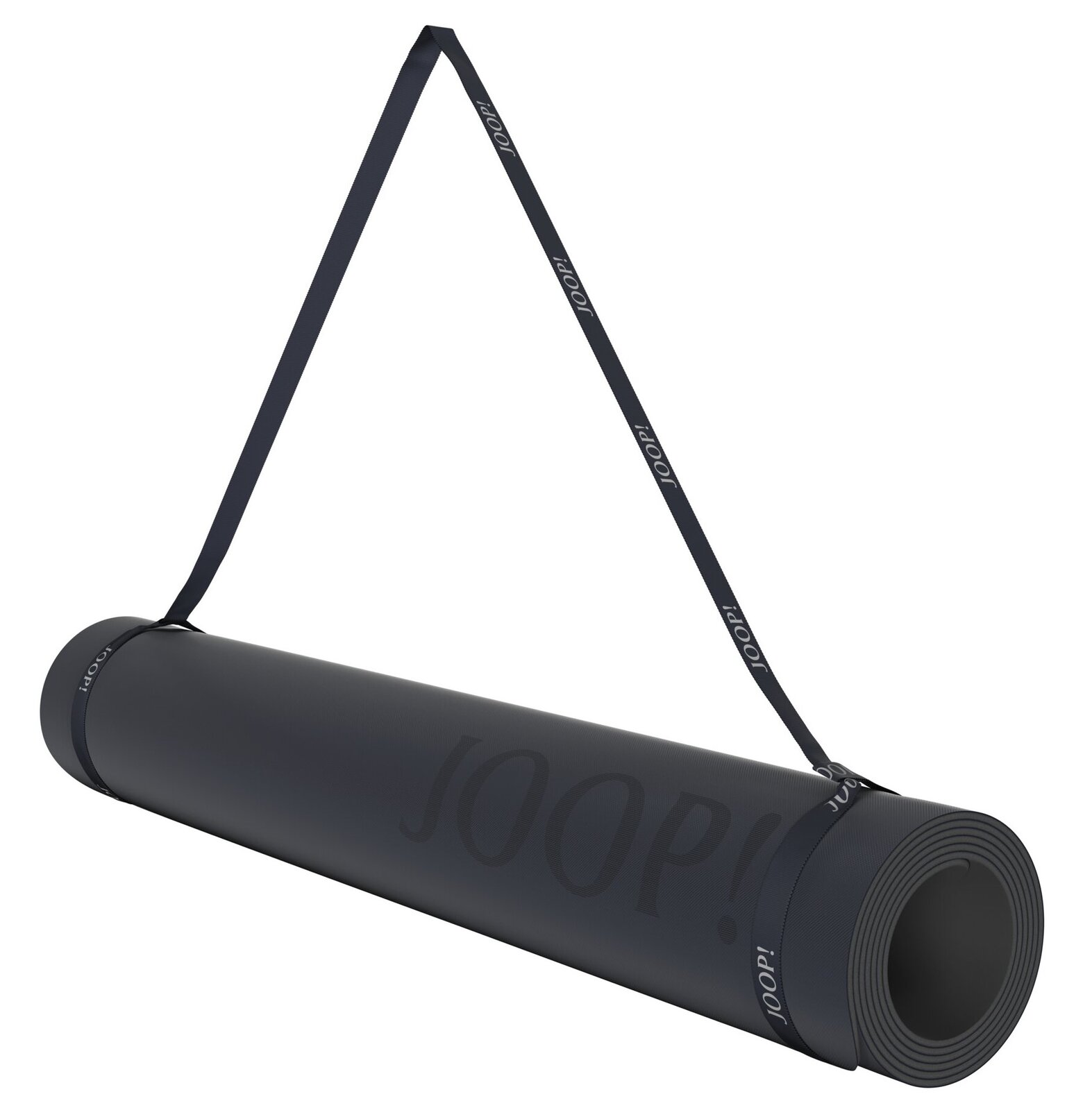 Schwarze Yogamatte mit Tragegurt, seitliche Perspektive