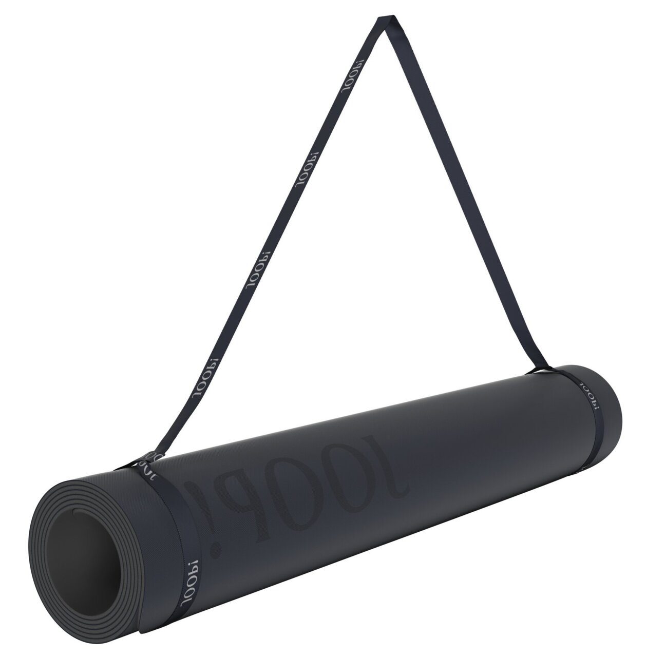 Schwarze Yogamatte mit Tragegurt, seitliche Perspektive