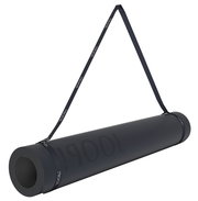 Schwarze Yogamatte mit Tragegurt, seitliche Perspektive