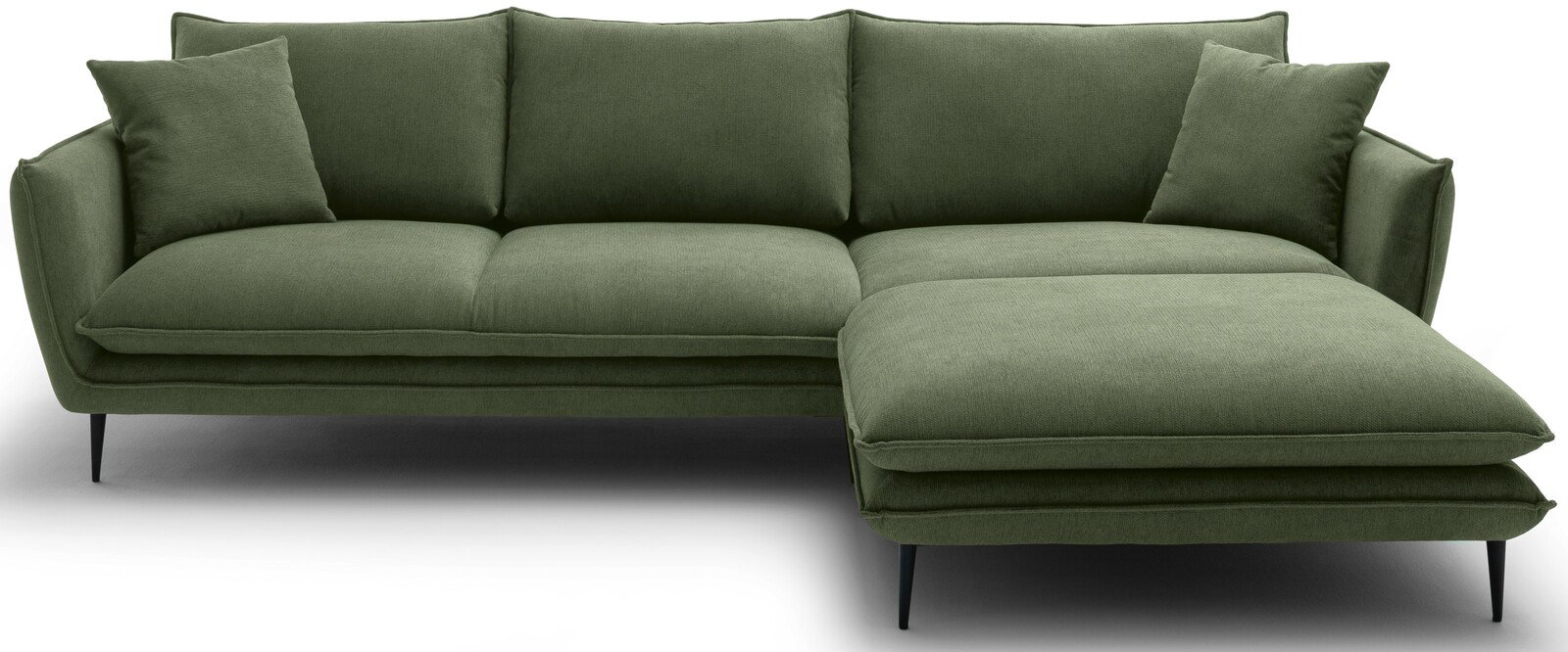 Grünes Ecksofa mit rechter Ottomane, Vorderansicht