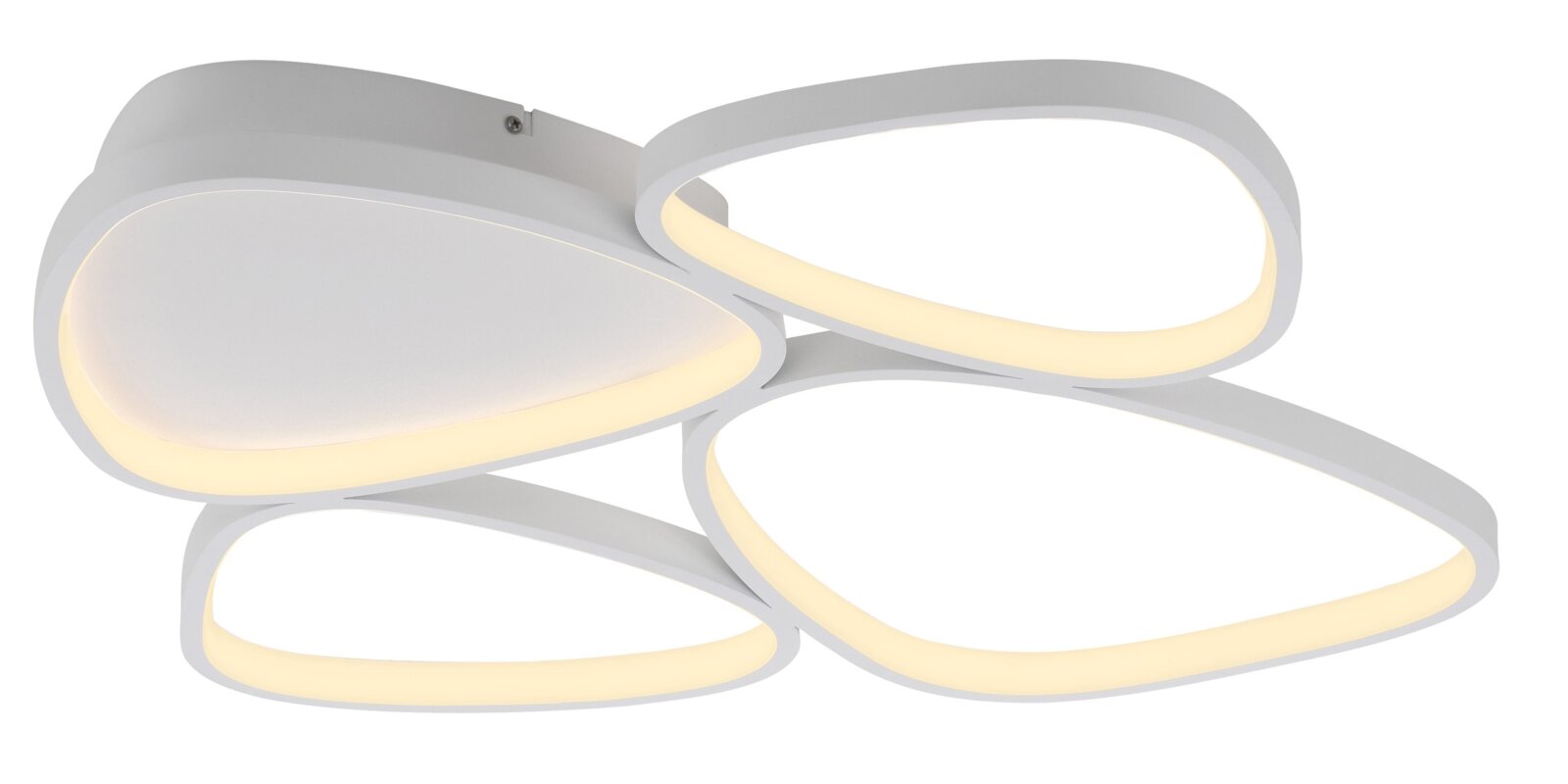 Moderne weiße LED-Deckenleuchte mit vier ovalen Leuchtringen und warmweißem Licht, in schräger Ansicht von unten auf weißem Hintergrund