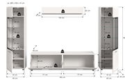Weiße Wohnwand/Schrankkombination mit zwei hohen Vitrinenschränken (Glasfront) und einem niedrigen TV-Lowboard, mit Maßangaben und Belastungsangaben, dargestellt in Frontansicht sowie Seitenansicht.