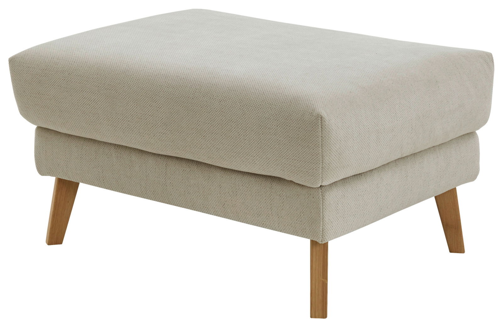 Beiger Hocker XL mit Holzbeinen, seitliche Perspektive