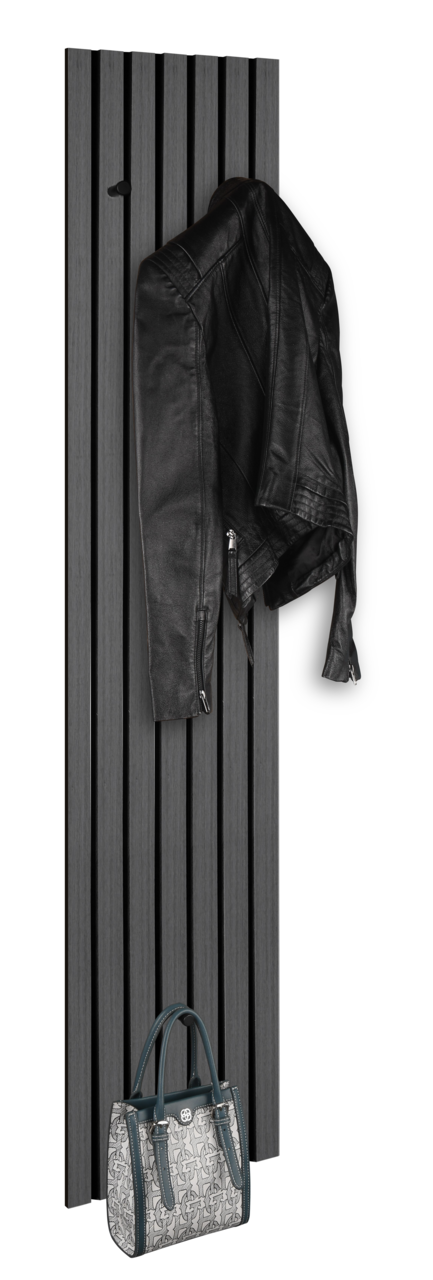 Schmale Wandgarderobe in dunklem Holzdesign, frontal abgebildet, mit schwarzer Lederjacke und gemusterter Handtasche.