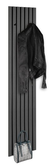 Schmale Wandgarderobe in dunklem Holzdesign, frontal abgebildet, mit schwarzer Lederjacke und gemusterter Handtasche.