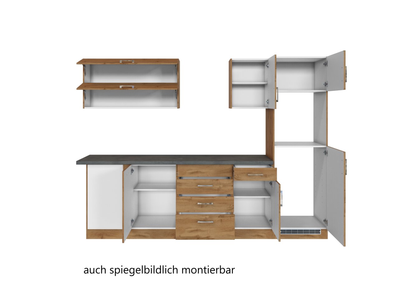 Eck-Küchenzeile mit offenen Schränken und Schubladen in Holzoptik, Ansicht von vorne