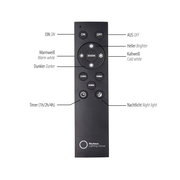 Fernbedienung für LED-Deckenleuchte mit verschiedenen Tasten für Ein/Aus, Helligkeit, Farbtemperatur und Timer, frontal abgebildet.