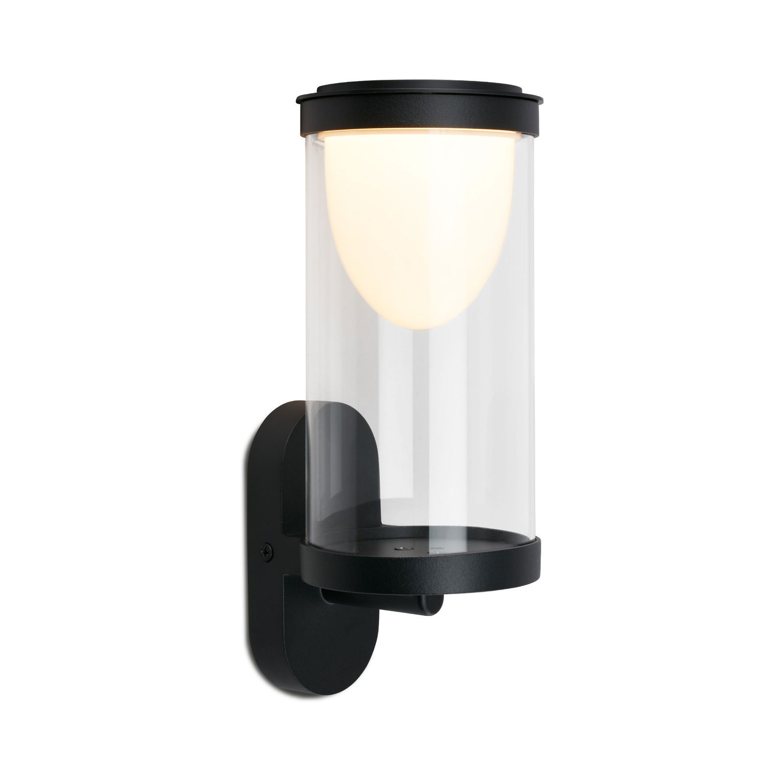 Moderne Akku-Außenwandleuchte in zylindrischer Form, seitliche Perspektive