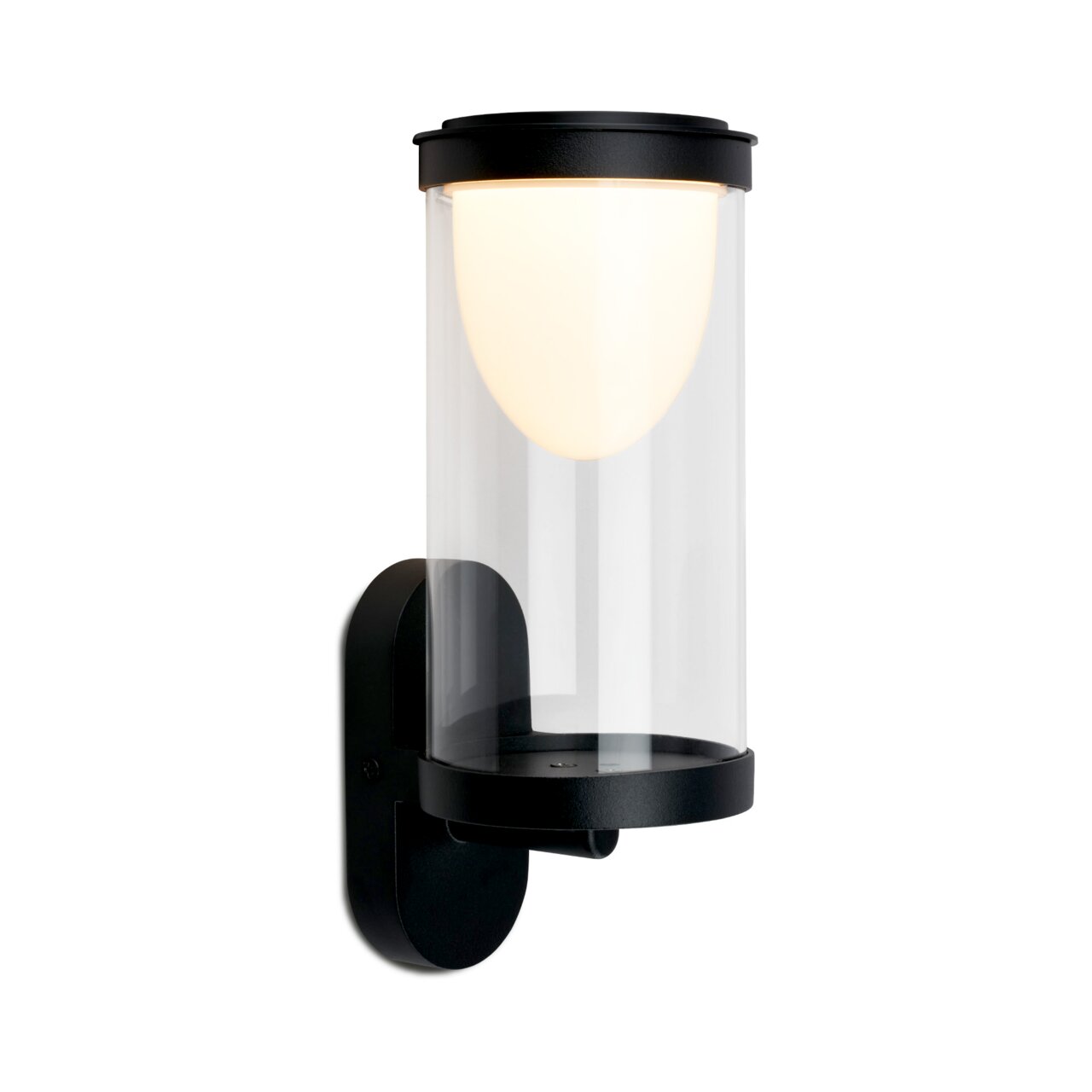 Moderne Akku-Außenwandleuchte in zylindrischer Form, seitliche Perspektive