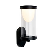 Moderne Akku-Außenwandleuchte in zylindrischer Form, seitliche Perspektive