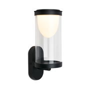 Moderne Akku-Außenwandleuchte in zylindrischer Form, seitliche Perspektive