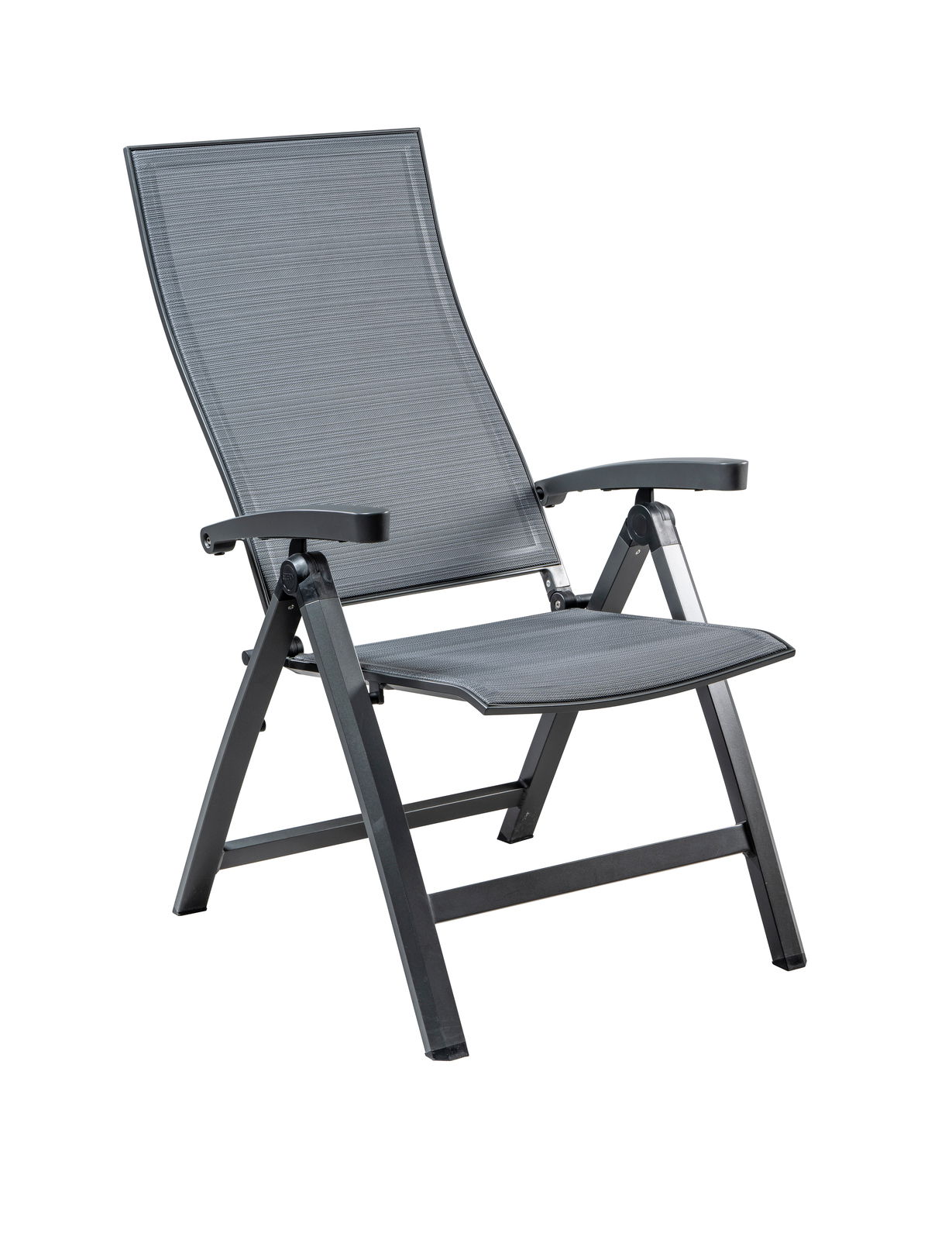 Moderner Klappsessel KARI in seitlicher Perspektive, mit grauem Metallrahmen und ergonomischem Design.