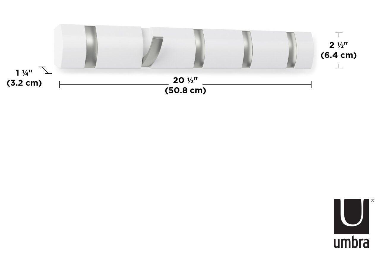 Weiße Wandgarderobe mit fünf Haken, Seitenansicht, Maße 50,8 cm x 6,4 cm x 3,2 cm