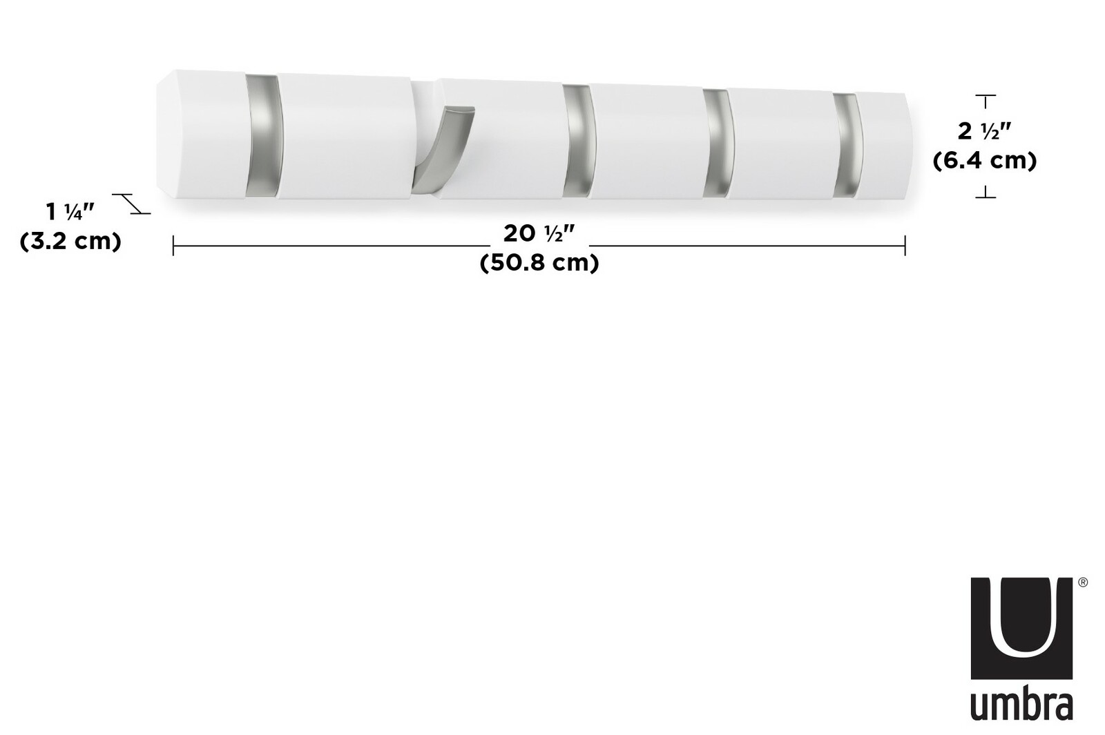 Weiße Wandgarderobe mit fünf Haken, Seitenansicht, Maße 50,8 cm x 6,4 cm x 3,2 cm