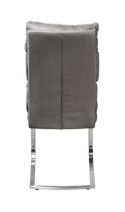 Rückansicht eines grauen Freischwinger-Stuhls mit Metallgestell.