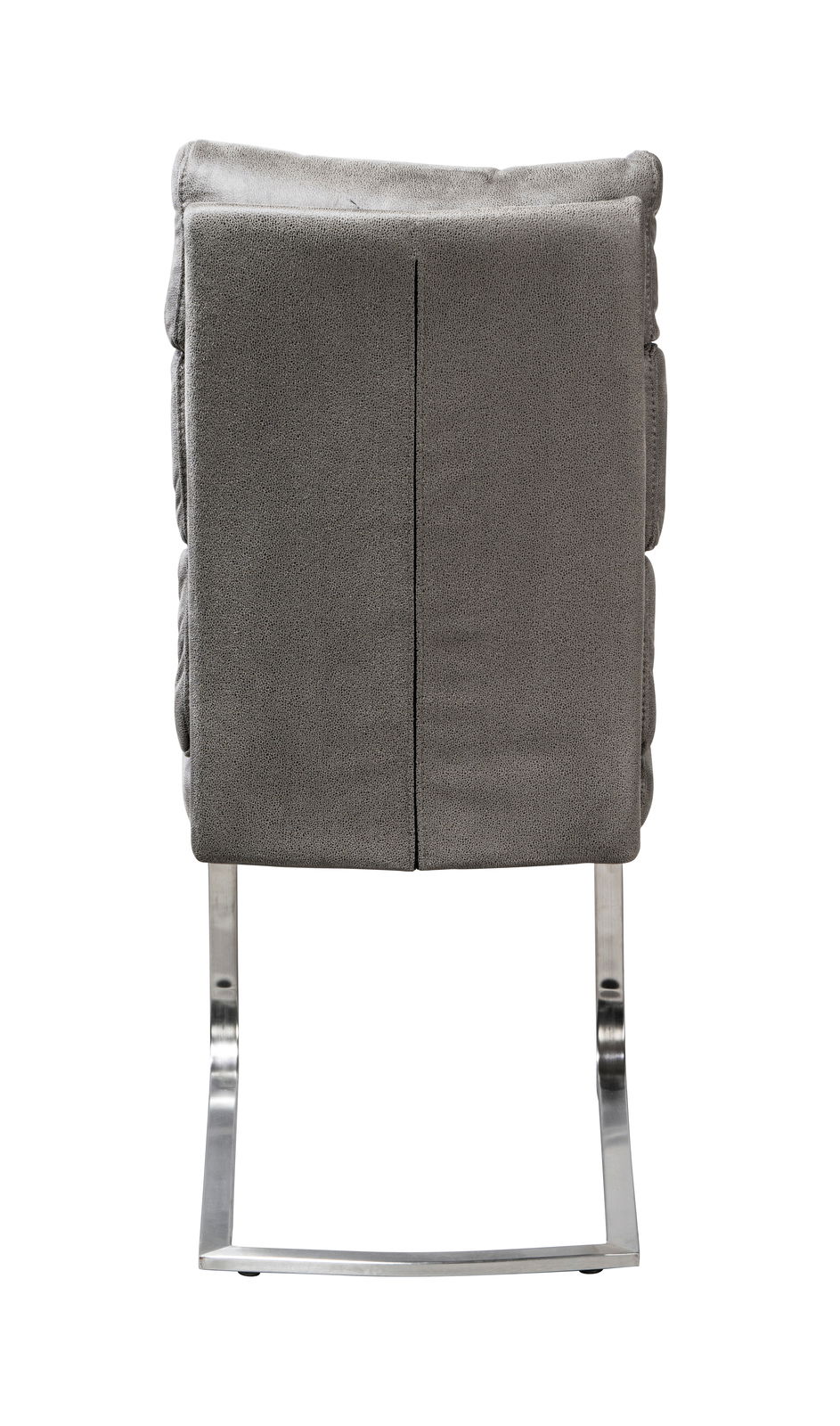 Rückansicht eines grauen Freischwinger-Stuhls mit Metallgestell.