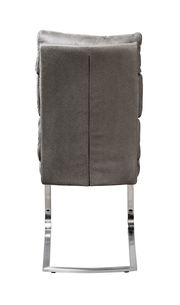 Rückansicht eines grauen Freischwinger-Stuhls mit Metallgestell.