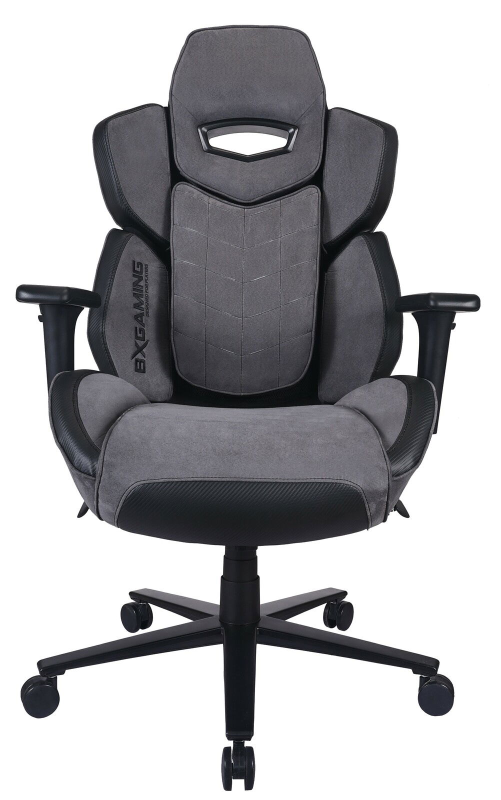 Grauer Gaming-Stuhl mit ergonomischem Design, Armlehnen und Rollen, Vorderansicht