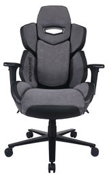 Grauer Gaming-Stuhl mit ergonomischem Design, Armlehnen und Rollen, Vorderansicht