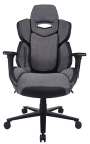 Grauer Gaming-Stuhl mit ergonomischem Design, Armlehnen und Rollen, Vorderansicht