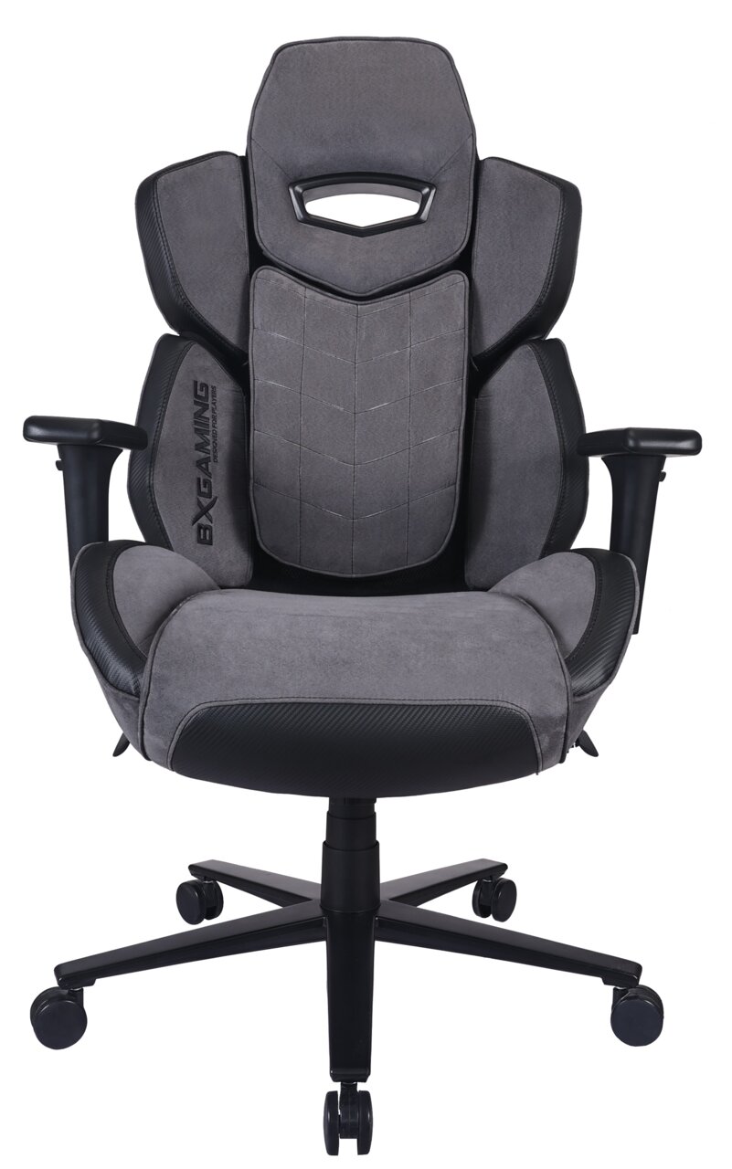 Grauer Gaming-Stuhl mit ergonomischem Design, Armlehnen und Rollen, Vorderansicht