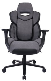 Grauer Gaming-Stuhl mit ergonomischem Design, Armlehnen und Rollen, Vorderansicht