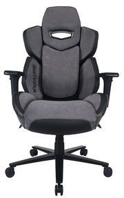 Grauer Gaming-Stuhl mit ergonomischem Design, Armlehnen und Rollen, Vorderansicht