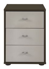 Frontansicht einer modernen Nachtkonsole mit drei Schubladen und silbernen Griffen.