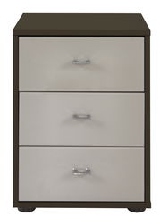 Frontansicht einer modernen Nachtkonsole mit drei Schubladen und silbernen Griffen.