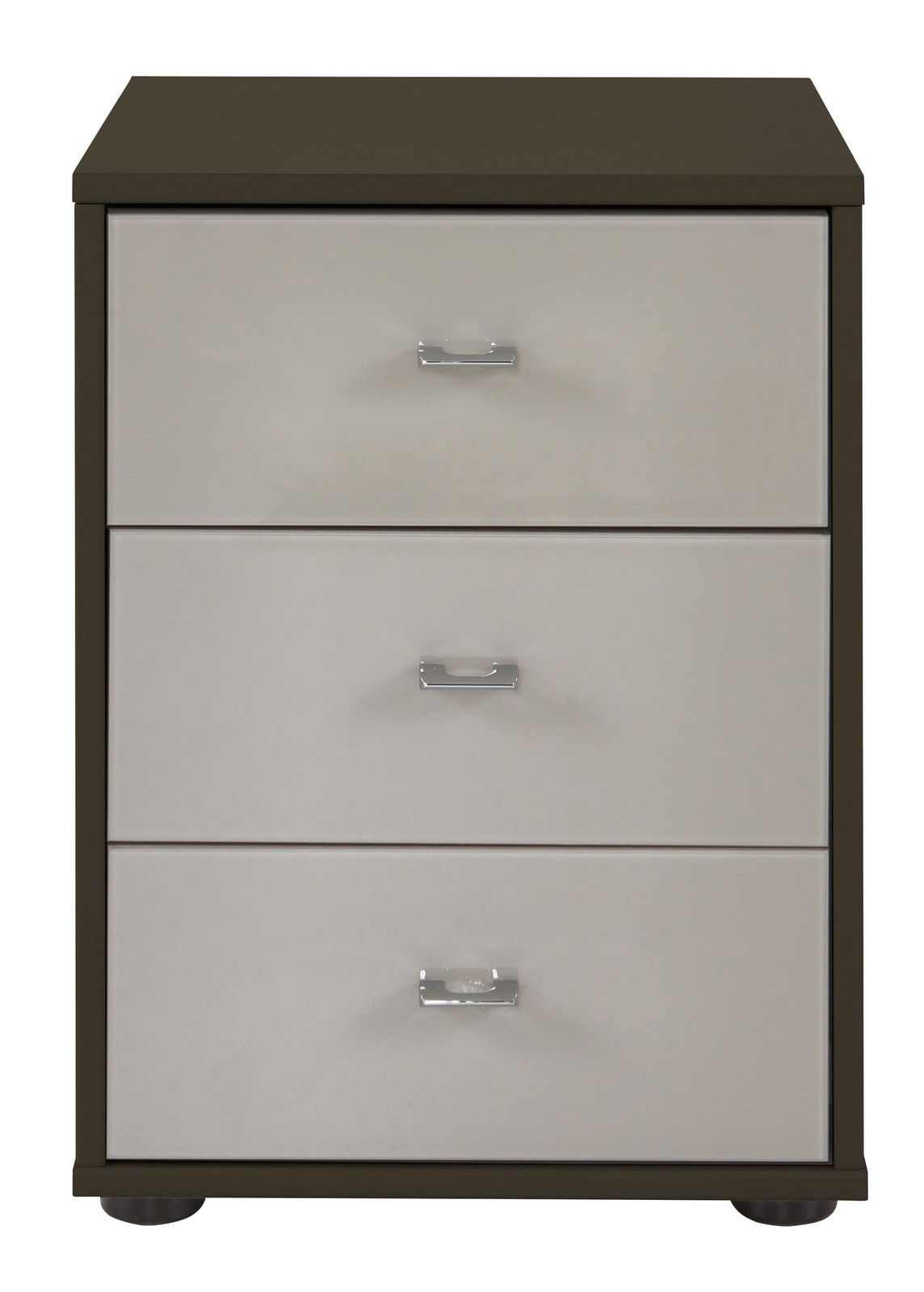 Frontansicht einer modernen Nachtkonsole mit drei Schubladen und silbernen Griffen.