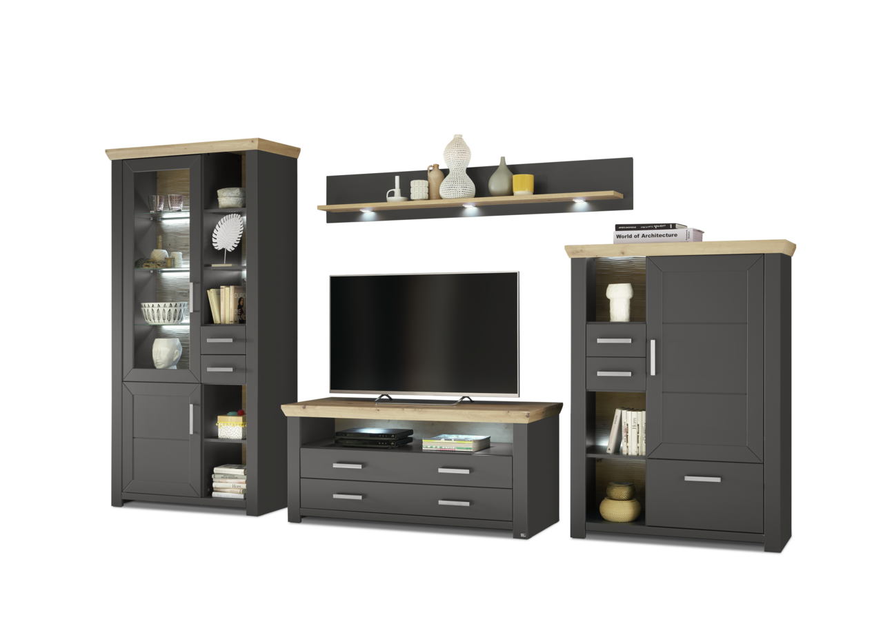 Moderne Wohnwand in dunklem Holz mit Glasvitrine, TV-Schrank und Wandregal, frontal betrachtet.