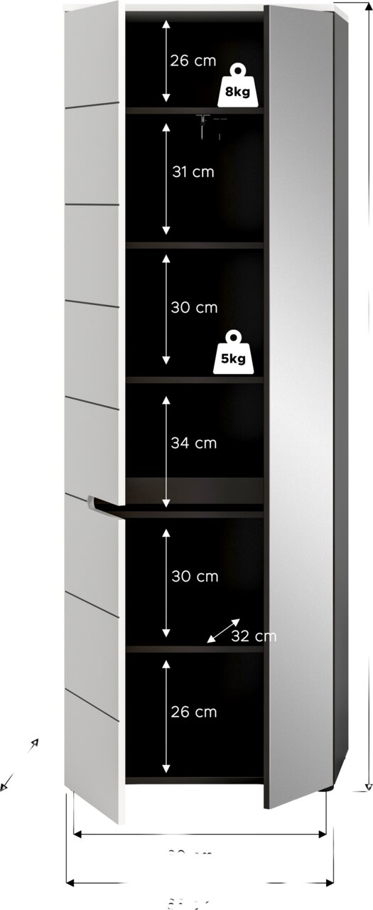 Hoher Badezimmerschrank in Weiß mit zwei geöffneten Türen, schwarzem Innenraum und mehreren Einlegeböden; Maßangaben der Fächer (26–34 cm) sowie Belastbarkeit 8 kg/5 kg eingeblendet, Frontansicht leicht schräg von links.