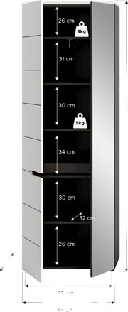 Hoher Badezimmerschrank in Weiß mit zwei geöffneten Türen, schwarzem Innenraum und mehreren Einlegeböden; Maßangaben der Fächer (26–34 cm) sowie Belastbarkeit 8 kg/5 kg eingeblendet, Frontansicht leicht schräg von links.