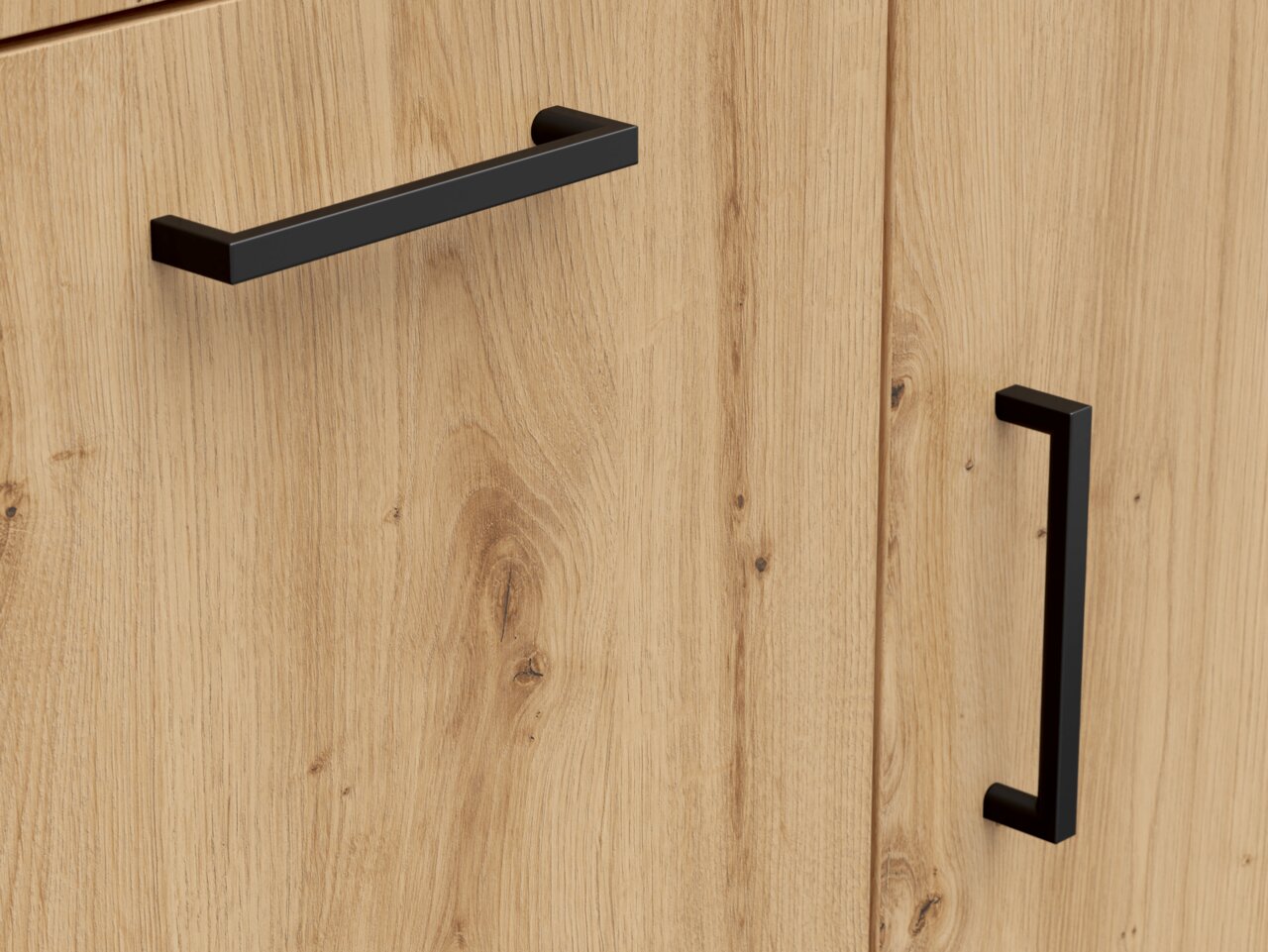 Carryhome Kommode MULTISTAURAUM Nahaufnahme einer Kommode aus hellem Holz mit schwarzen Griffen, seitliche Perspektive