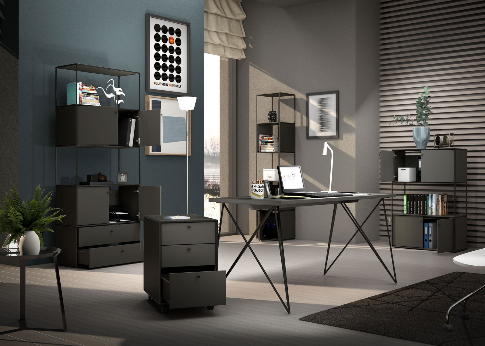 Novel Schreibtisch BRERA OFFICE Moderne Büroumgebung mit Winkelschreibtisch, Rollcontainer und Aktenregalen in einer stilvollen, gut beleuchteten Perspektive.