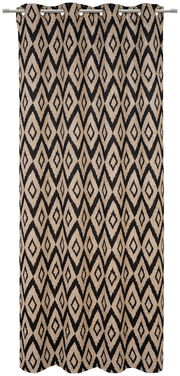 Ösenschal mit geometrischem Rautenmuster in Schwarz und Beige, frontal aufgenommen.