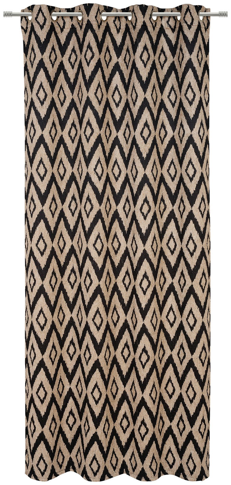 Ösenschal mit geometrischem Rautenmuster in Schwarz und Beige, frontal aufgenommen.