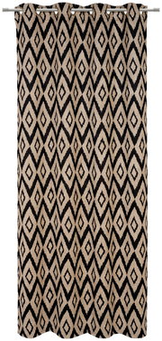 Ösenschal mit geometrischem Rautenmuster in Schwarz und Beige, frontal aufgenommen.