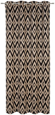 Ösenschal mit geometrischem Rautenmuster in Schwarz und Beige, frontal aufgenommen.
